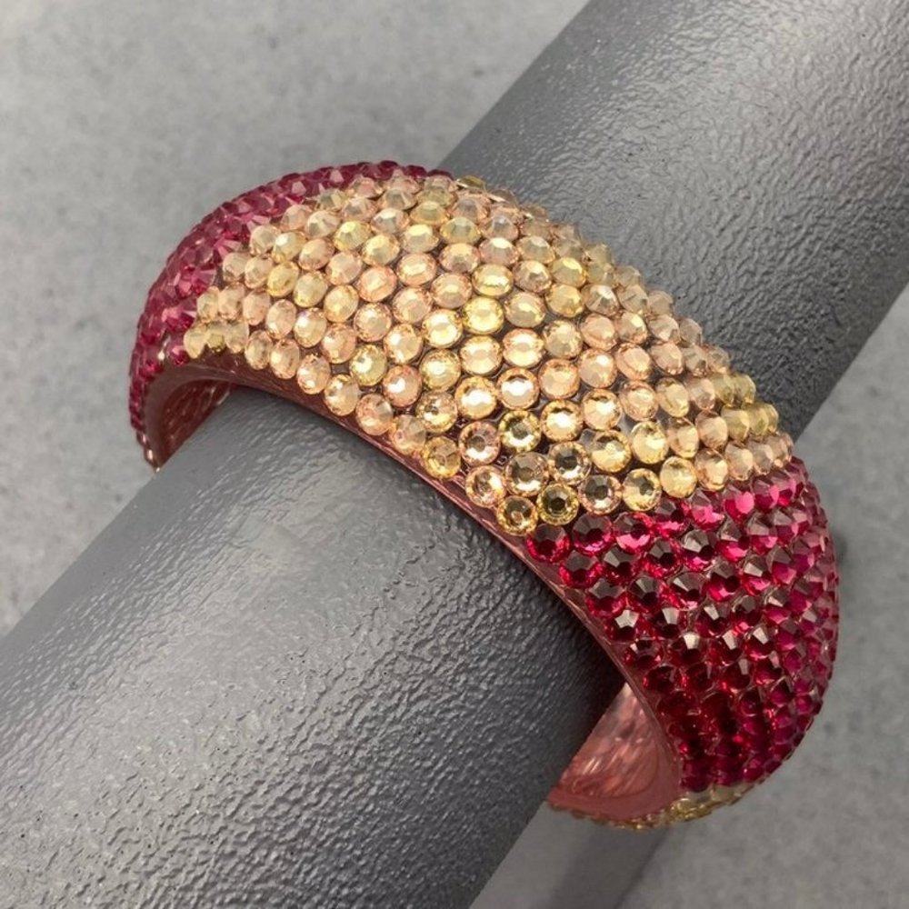 Rhinestone Bangle Bracelet As Is Hot Pink Cream Clear Retro Glam Chunky